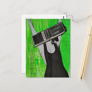 Postal Reloj de alarma de radio retro mujer en collage ve