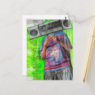 Postal Reloj de alarma de radio retro mujer en collage ve