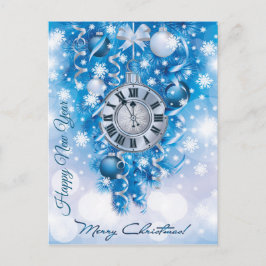 Postal Reloj de Año Nuevo Azul y Feliz Navidad Blanca