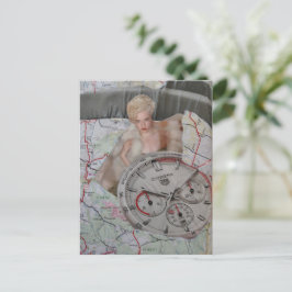 Postal Reloj de señora de moda surrealista collage mapa