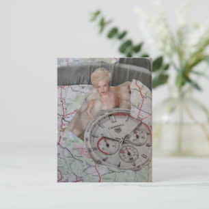 Postal Reloj de señora de moda surrealista collage mapa