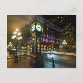Postal Reloj de vapor en Gastown Vancouver BC de noche