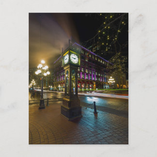 Postal Reloj de vapor en Gastown Vancouver BC de noche
