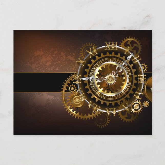 Postal Reloj steampunk con engranajes antiguos (Anverso)