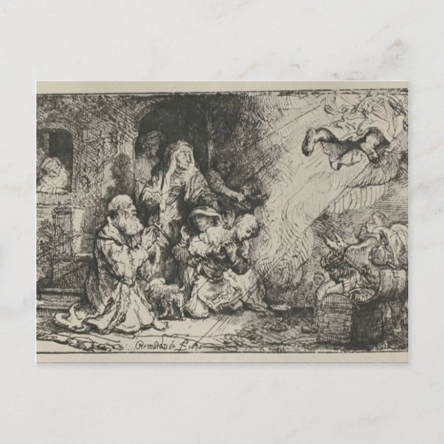 Postal Rembrandt: Angel sale de la familia de Tobias (Anverso)