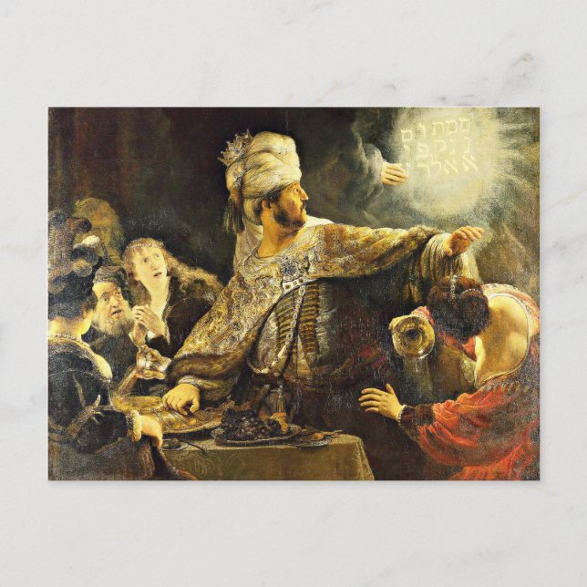 Postal Rembrandt - Fiesta de Belshazzar, pintura religios (Anverso)