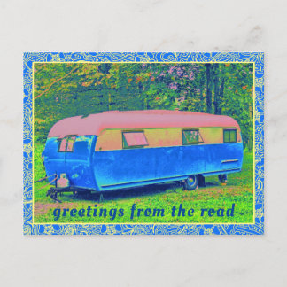 Postal Remolque de camping retro con marco floral vintage