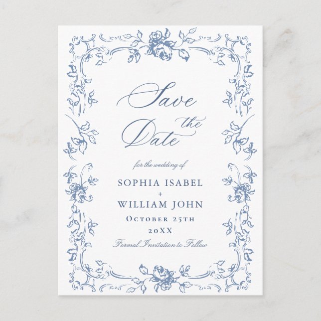 Postal Renacimiento Ornado Floral Boda Salva la Fecha (Anverso)