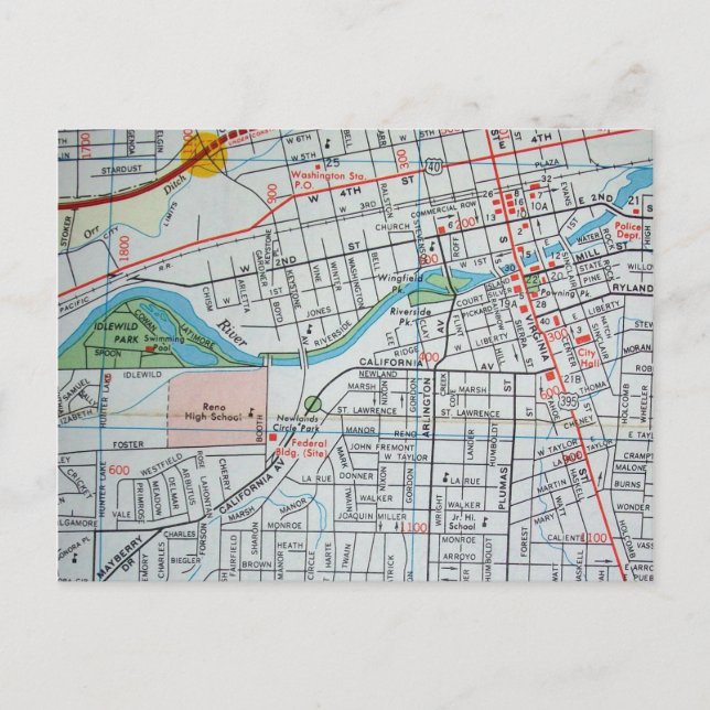 Postal RENO, NV Vintage Map (Anverso)