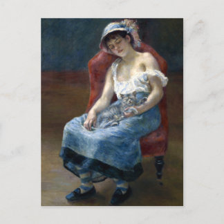 Postal Renoir Chica Durmiente Con Arte Clásico De Gato