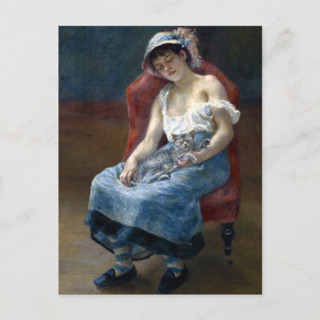 Postal Renoir Chica Durmiente Con Arte Clásico De Gato (Anverso)