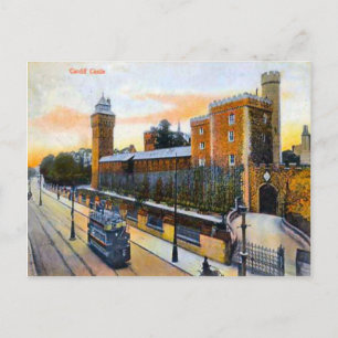 Postal Réplica Imagen de época, cardiff, castillo, tranví