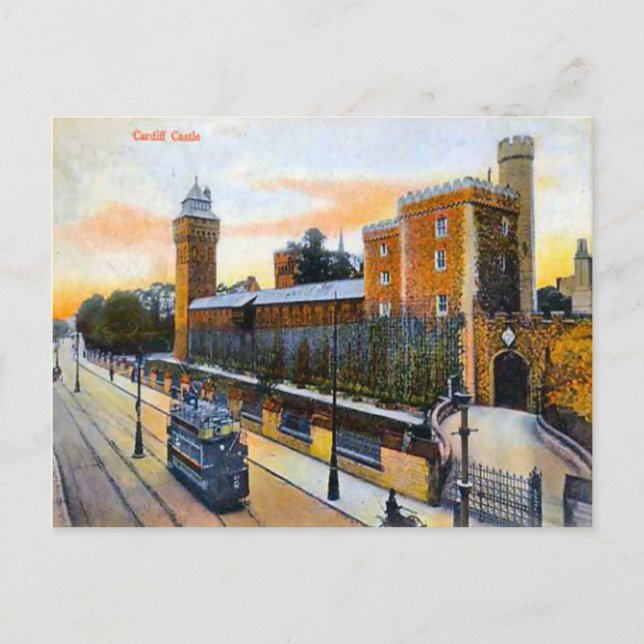 Postal Réplica Imagen de época, cardiff, castillo, tranví (Anverso)