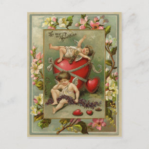 Postal Reproducción vintage de los ángeles y corazones de