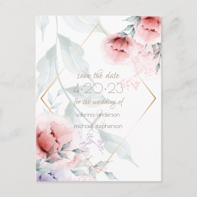Postal Reserva la fecha | Coral/Lilac Aquarelle Peony (Anverso)