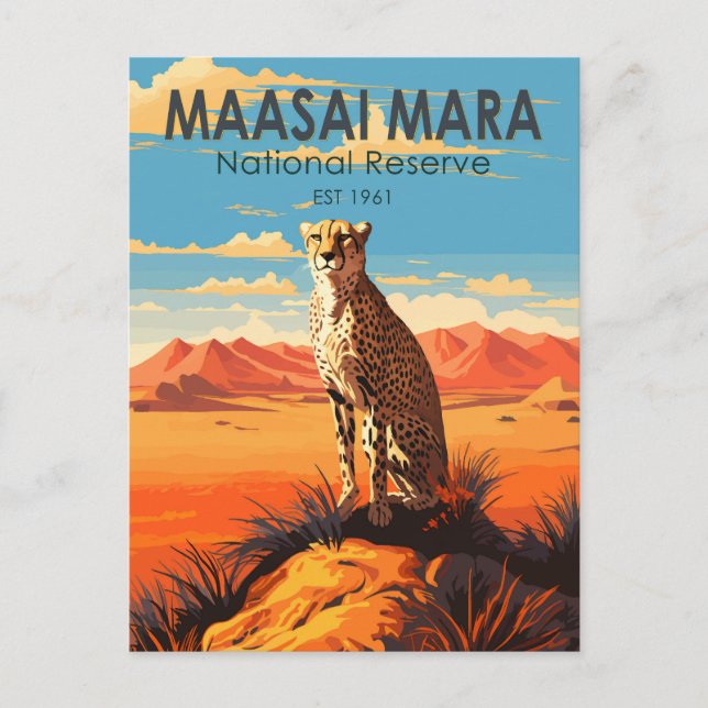 Postal Reserva Nacional de Maasai Mara Cheetah Travel Art (Anverso)