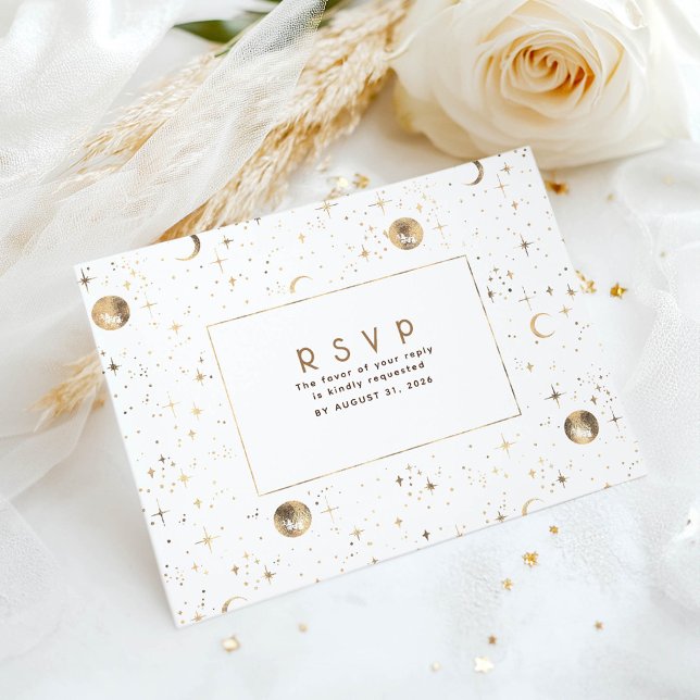 Postal Respuesta de boda blanca y dorada Noche estrellada (Celestial Wedding Rsvp Card)