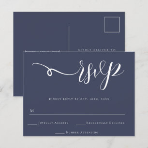 Postal Respuesta de Boda de guión azul de la marina Postc
