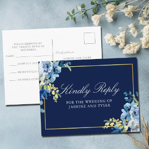 Postal Respuesta de boda elegante floral azul marino dora