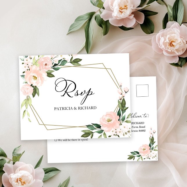 Postal Respuesta de Boda Geométrica Floral Rubor Rosa (Subido por el creador)