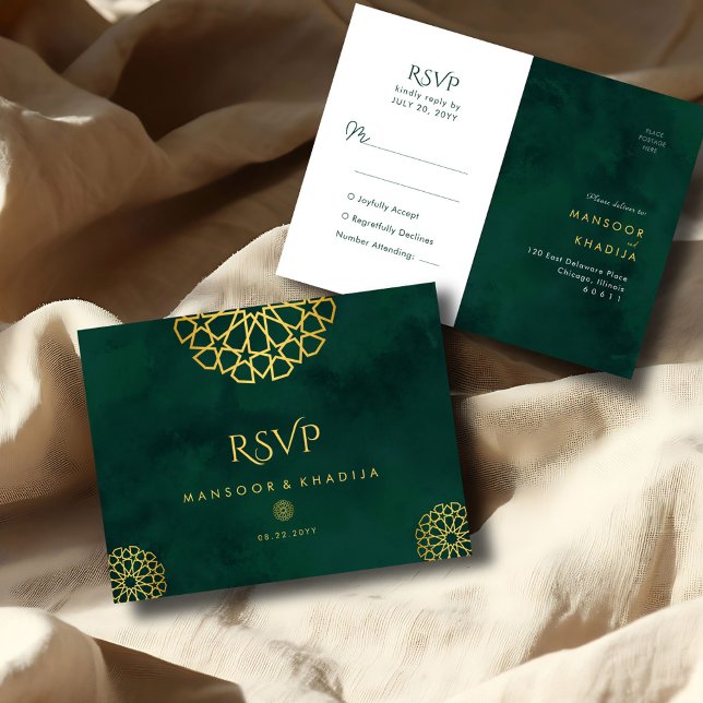 Postal Respuesta de Boda Ornata de Oro con Verde Esmerald (Subido por el creador)
