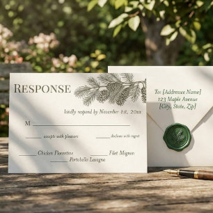 Postal Respuesta de RSVP de boda con ramita de pino rústi