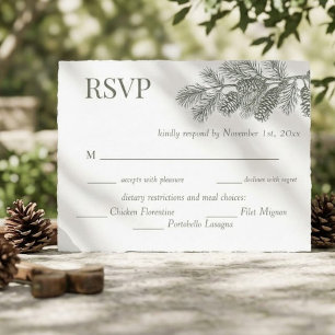 Postal Respuesta de RSVP de boda con ramita de pino rústi