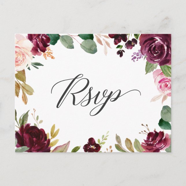 Postal Respuesta RSVP a la boda floral Plum Purple Rubor (Anverso)