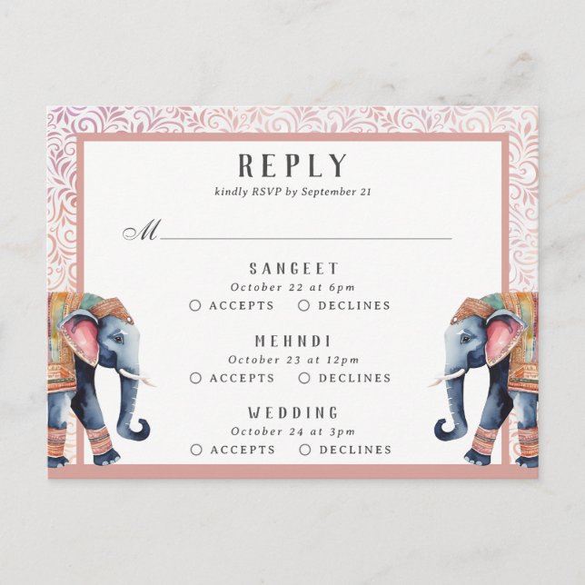 Postal Respuesta RSVP de elefante de Boda indio (Anverso)