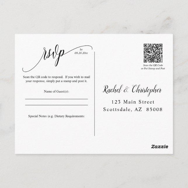 Postal Respuesta RSVP de eventos de Boda de código QR sim (Reverso)