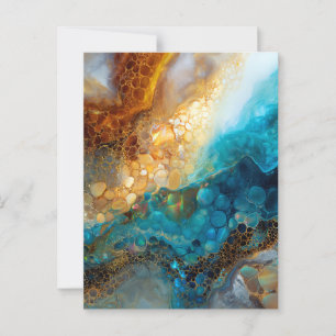 Postal Resumen de arte de fluidos azules y dorados