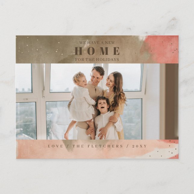 Postal Resumen de un nuevo hogar rosado para el traslado  (Anverso)