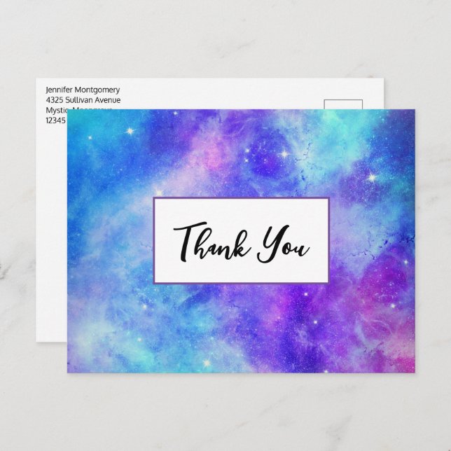 Postal Resumen del espacio de la galaxia púrpura y azul (Anverso / Reverso)
