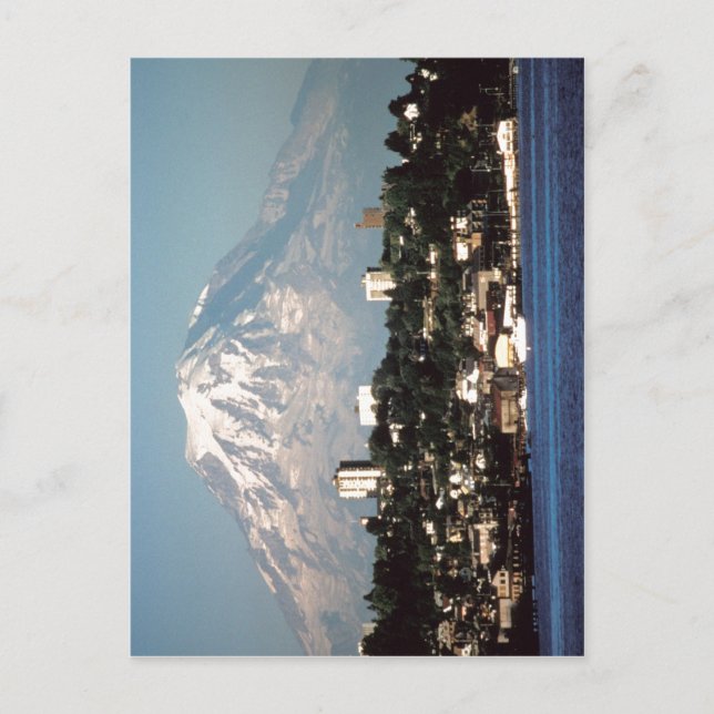 Postal Resumen del Monte Rainier sobre Tacoma, Washington (Anverso)