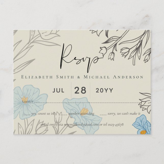 Postal Resumen floral azul moderno Boda RSVP (Anverso)