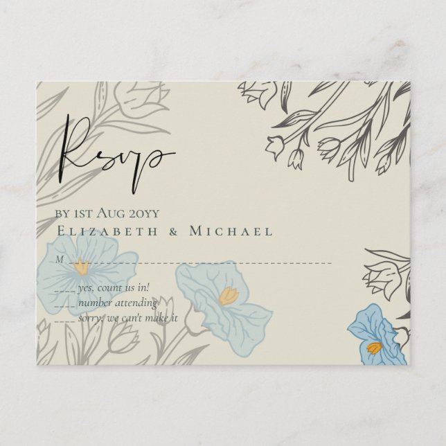 Postal Resumen floral azul moderno Boda RSVP (Anverso)