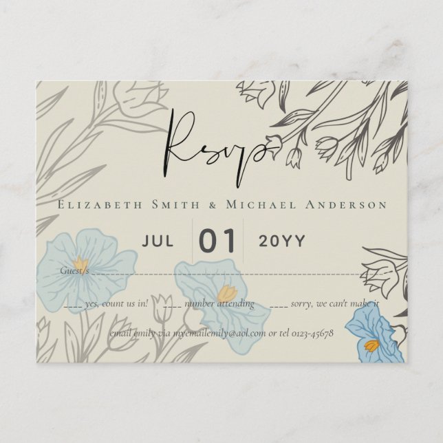 Postal Resumen floral azul moderno Boda RSVP (Anverso)