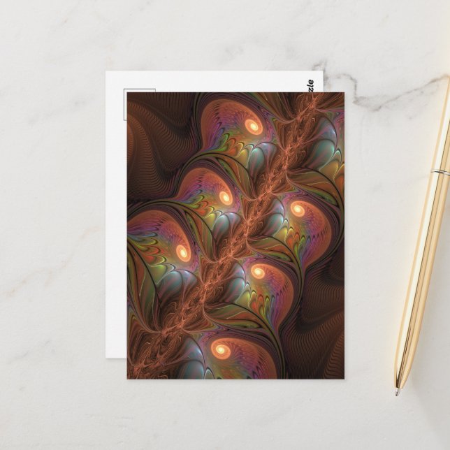 Postal Resumen fluorescente colorido Trippy Brown Fractal (Anverso/Reverso In Situ)