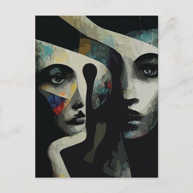Postal Resumen surrealista de caras entrelazadas (Anverso)
