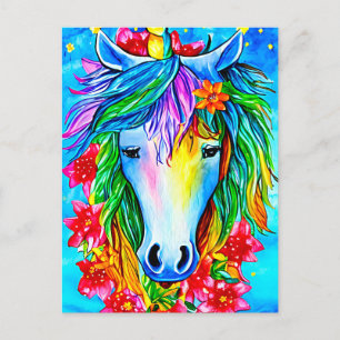 Postal Resumen unicornio Flores faciales acuarela Arte