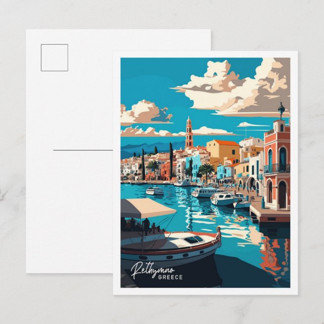 Postal Rethymno Grecia Viaje Ilustracion de cosecha (Anverso / Reverso)