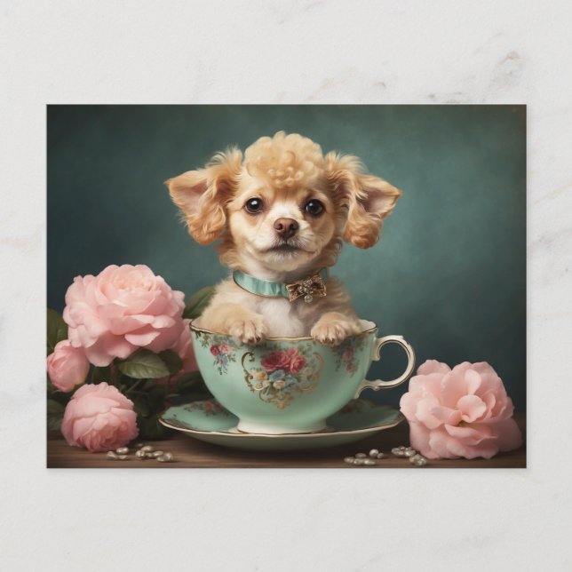Postal Retrato Antiguo de Perrito Caniche Taza de Té Rosa (Anverso)