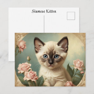 Postal Retrato Antiguo Gatito Siamés Lindo Flores Dulce