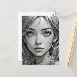 Postal Retrato blanco y negro de chica de anime lindo