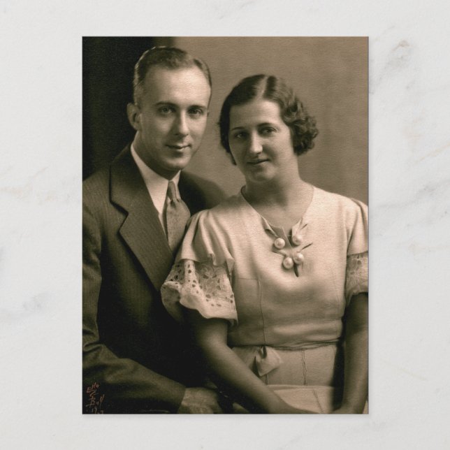Postal Retrato Boda de parejas retro 1933 (Anverso)