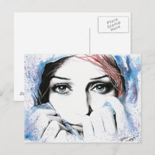 Postal Retrato chica ojos Bonito Arte de pintura acuarela