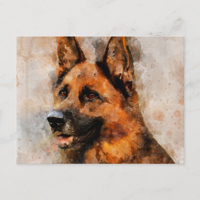 Postal Retrato de acuarela de perro pastor alemán 04 (Anverso)
