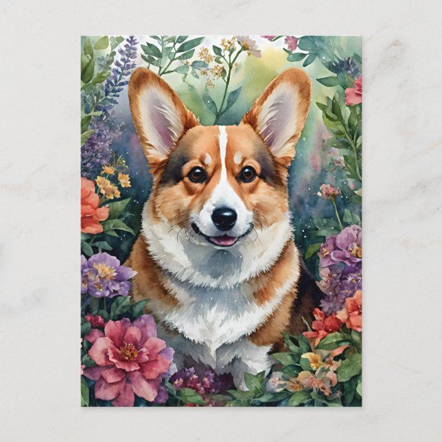 Postal Retrato de acuarela floral Corgi (Anverso)