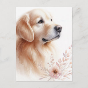 Postal Retrato de acuarela floral de Golden Retriever