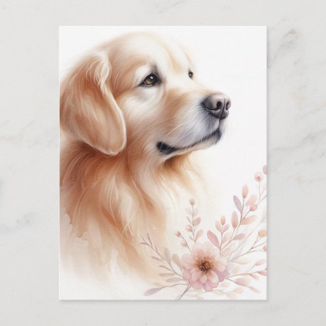 Postal Retrato de acuarela floral de Golden Retriever (Anverso)
